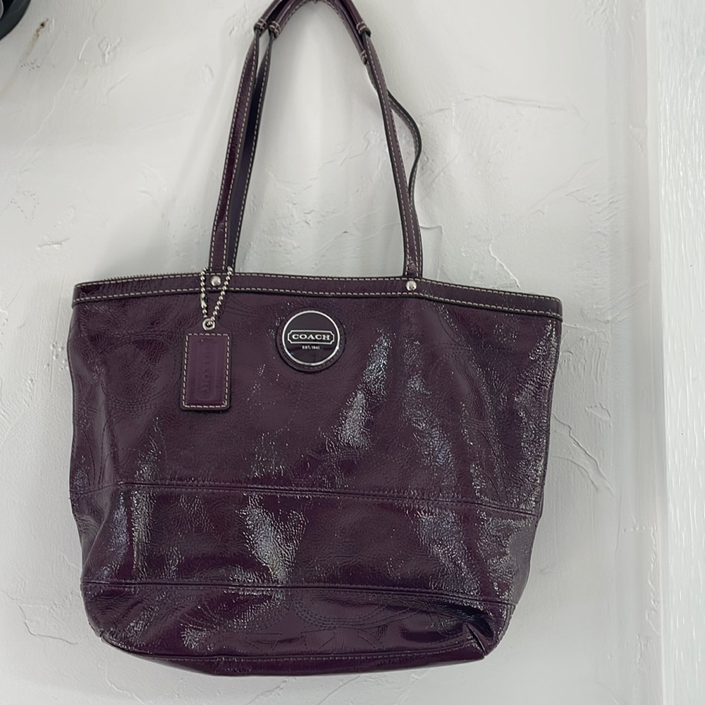 Coach Patent Leather Shoulder Tote in Plum